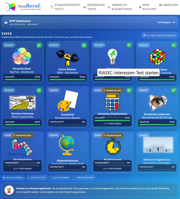Screenshot des Testbereichs f&uuml;r Profis